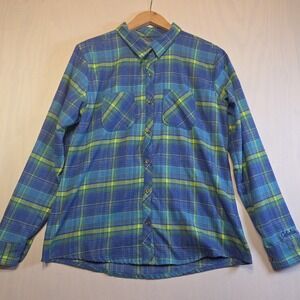 Cabela's Flannel Shirt Womens Medium Blue Green Plaid Button Up Long Sleeve M